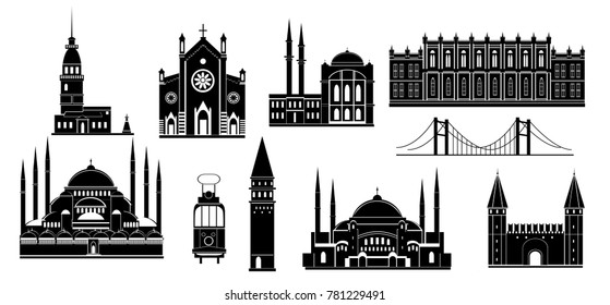 Cartoon Turkey symbols and objects set: Saint Sophie Cathedral, Maiden's Tower, palace of Topapa, Galata Tower, bridge of Bosporus, Republic Monument, Saint Anthony's Church. Istanbul architecture.