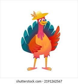 Cartoon turkey thanksgiving character vector illustration isolated. Funny bird with hat character. Autumn bird cute turkey.