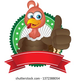 Cartoon Turkey thumbs up with badge label