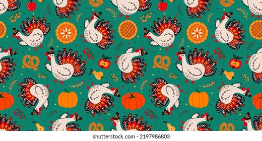 Cartoon turkey and various Thanksgiving celebration food forming seamless pattern