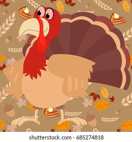 Cartoon Turkey Vector Seamless pattern. Harvest seamless pattern. Holiday decoration. Thanksgiving Day seamless pattern. Autumn season design. Fall pattern. Repeating autumn  background. 