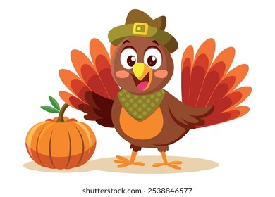 Cartoon turkey with vibrant orange feathers and pumpkin, for Thanksgiving designs, kids illustrations, greeting cards, festive banners