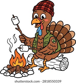 Cartoon turkey wearing a plaid hat and vest roasting marshmallows over a campfire on a log