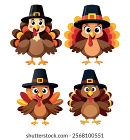 Cartoon turkeys dressed in pilgrim hats, Thanksgiving-themed illustration, perfect for holiday cards, decorations, or festive designs