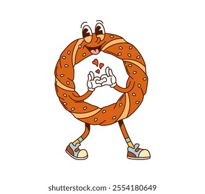 Cartoon Turkish bagel simit groovy fast food character. Funny vector bakery, Istanbul cafe pastry or dessert retro personage with sesame seeds and hippie sneakers showing heart gesture, exudes love