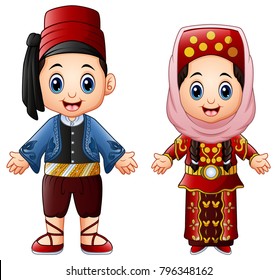 Cartoon Turkish couple wearing traditional costumes