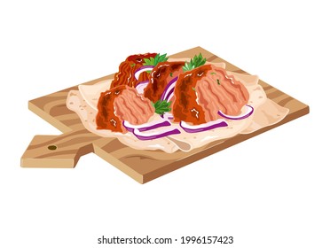 Cartoon of turkish or mexican fast food with meat and vegetables in pita bread, meal on grill. Vector cafe snack with veggies, nutritious lunch. Takeaway and brunch concept isolated on white