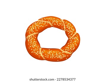 Cartoon turkish simit. Isolated vector one traditional bagel with sesame, authentic Turkey cuisine. Bakery, fresh pastry, tasty snack with seeds sprinkles. Oriental baked food, element for cafe menu