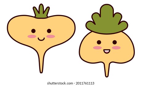 Cartoon turnip. Kawaii healthy food. Happy vegetable character smiling at baby. Ripe large root vegetables. Fairy harves. Cute farm vector clip art. Flat illustration of swede turnip for garden icons.