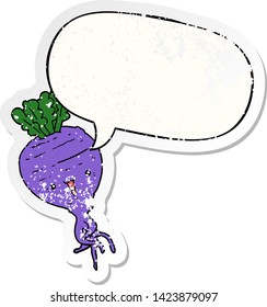 cartoon turnip with speech bubble distressed distressed old sticker