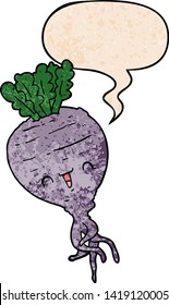 cartoon turnip with speech bubble in retro texture style