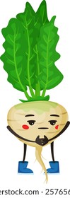 Cartoon turnip with vibrant green leaves and playful blue boots, holding its root with tiny hands, blushing and shyly gazing downward, exuding a cute and funny personality