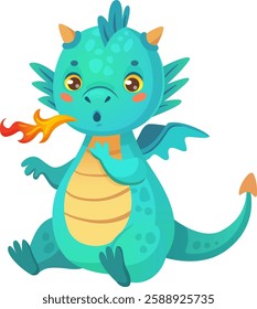 Cartoon turquoise dragon breathing fire with a surprised expression, sitting and looking amazed, fantasy character for children book illustrations