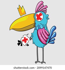cartoon turquoise parrot with pink crest and long legs
