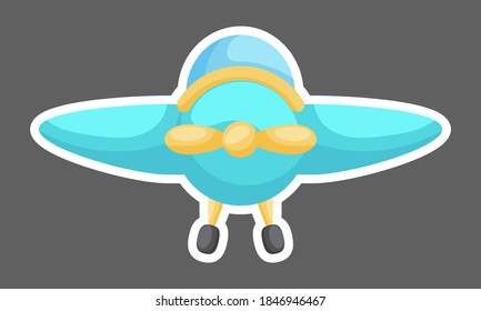 Cartoon turquoise plane for design of notebook, cards and invitation. Cute sticker template decorated with cartoon image. Colorful airplane flat style design. Vector stock illustration.