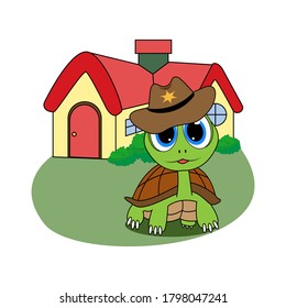 cartoon turtle animal illustration design in front of the house