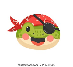Cartoon turtle animal pirate and corsair. Kawaii tortoise sailor and captain, skipper and boatswain character with eye patch and bandana. Isolated vector cute personage face with happy funny smile