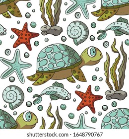 Cartoon turtle animal seamless vector pattern. Hand drawn summer ocean background tropical illustration with cute tortoise, shell, fish and starfish. Tortoise colour sea doodle drawing.