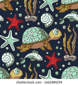 Cartoon turtle animal seamless vector pattern. Hand drawn summer ocean background tropical illustration with cute tortoise, shell, fish and starfish. Underwater colour sea doodle drawing.