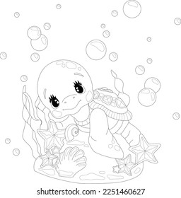 Cartoon turtle with bubbles under water sketch template. Vector illustration in black and white for games, background, pattern, decor. Coloring paper, page, story book. Print for fabrics