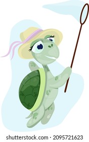 cartoon turtle with butterfly net	
