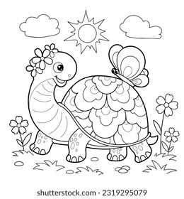 Cartoon turtle with a butterfly on its back. Black and white linear drawing. For the design of children's coloring books, prints, posters, cards, stickers, puzzles and so on. Vector