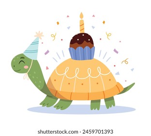 Cartoon turtle with cake celebrates birthday.Funny character for childish birthday