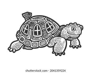 cartoon turtle with carapace shell house sketch engraving vector illustration. T-shirt apparel print design. Scratch board imitation. Black and white hand drawn image.