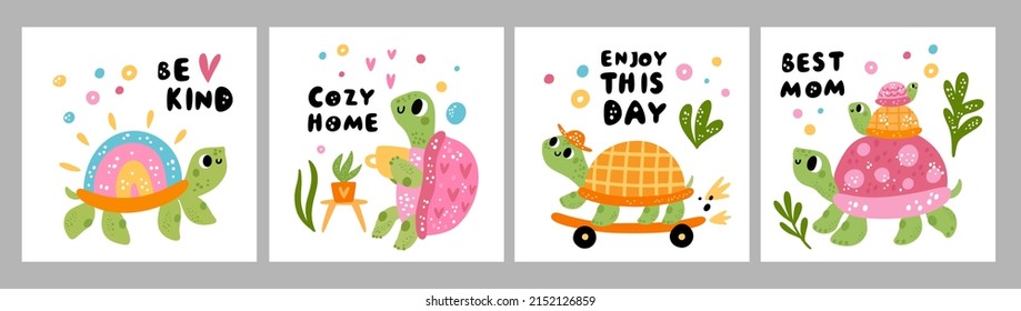 Cartoon turtle cards. Cute animals characters. Reptiles riding skateboard or drinking tea. Mom and kids. Rainbow shell. Cozy teatime. Greeting postcard with lettering