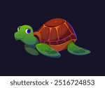 Cartoon turtle character, cute vector tortoise animal with green skin, flippers and brown shell. Funny little smiling turtle game or book personage. Isolated friendly and adorable aquatic reptilian