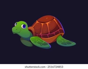 Personaje de tortuga de dibujos animados, lindo animal de tortuga de Vector con piel verde, aletas y concha marrón. Divertido juego de tortuga sonriente o personaje del libro. Aislado reptil acuático amistoso y adorable