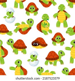 Cartoon turtle characters seamless pattern background, vector funny sea animal. Cute ocean turtle in shell or hatching from, funny cheerful baby turtle for kids pattern background