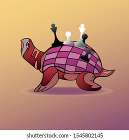 Cartoon turtle with chess pieces on the back on a warm background