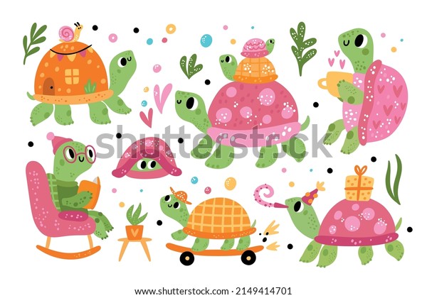 Cartoon turtle. Colorful\
animals. Baby and adult tortoises. Reptiles celebrating birthday or\
skateboarding. Pink shells. Terrapins with cubs. Various actions.\
Vector