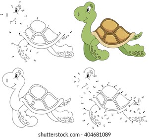 Cartoon turtle. Coloring book and dot to dot educational game for kids