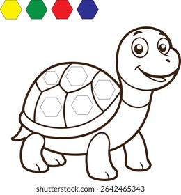 A cartoon turtle coloring page with color palette. Perfect for children's activities, educational materials, and creative projects. Vector illustration on white background.
