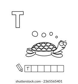 Cartoon turtle coloring pages. Learning game for small children - write a word in English language. Vector alphabet for kids