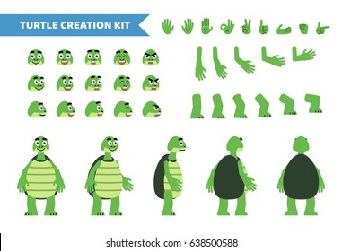Cartoon turtle creation set. Various gestures, emotions, diverse poses, views. Create your own pose, animation. Flat style vector illustration