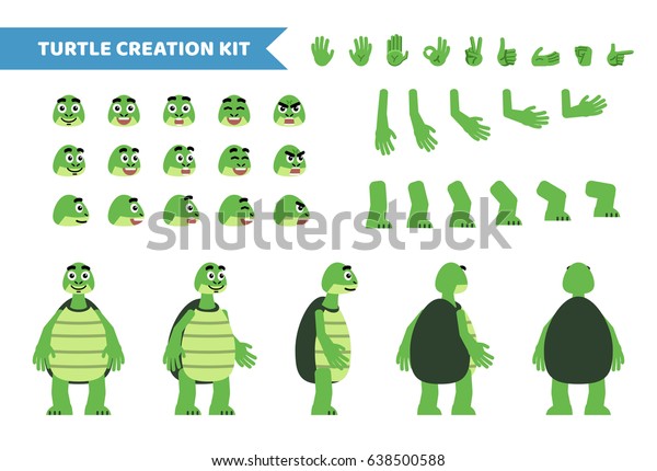 Cartoon turtle creation set. Various\
gestures, emotions, diverse poses, views. Create your own pose,\
animation. Flat style vector\
illustration