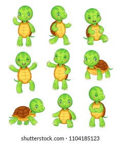 Cartoon turtle. Cute fun kids turtles, wild animals character set. Tortoise colorful isolated characters vector animal illustration collection