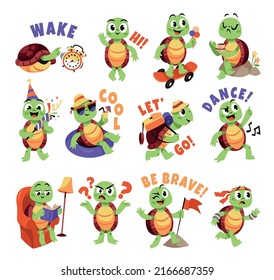 Cartoon turtle. Cute funny animals characters, smiling little turtle in different poses, actions and emotions, comic mascot with various phrases, stickers collection, tidy vector set