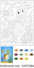 Cartoon turtle and fish in the ocean. Color by number educational game for kids. Illustration for schoolchild and preschool