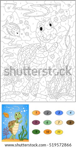 Cartoon turtle and fish in the ocean. Color by number educational game for kids. Illustration for schoolchild and preschool