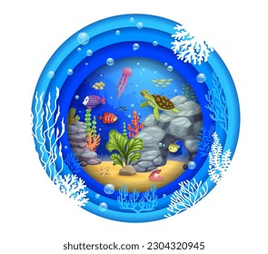 Cartoon turtle, fish and seaweeds in underwater paper cut, vector tropical sea landscape. Ocean or undersea paper cut background with coral reef fishes, seashell and starfish with jellyfish in water