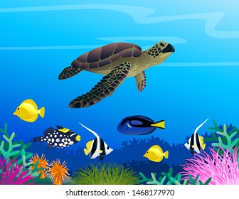 Cartoon turtle with fishes swimming on underwater life landscape