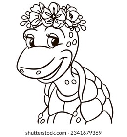 Cartoon turtle in floral crown. Cute baby animal nursery print