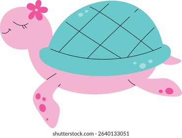 A cartoon turtle with a flower on its head and a patterned shell. The turtle has a peaceful expression and a decorative design. Cartoon vector illustration.