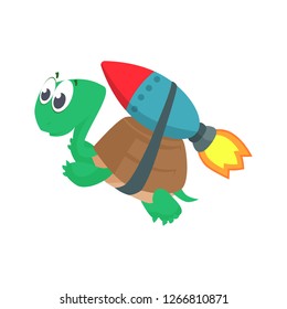 Cartoon turtle flying with rocket. Cute character, animal, start, shuttle. Can be used for topics like startup, launch, challenge