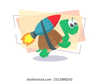 Cartoon turtle flying with rocket. Cute character, animal, start, shuttle. Can be used for topics like startup, launch, challenge