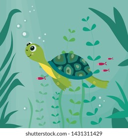 Cartoon turtle funny character swimming the vector illustration on the underwater background. Tortoise image to use in ocean and sea life children's projects.